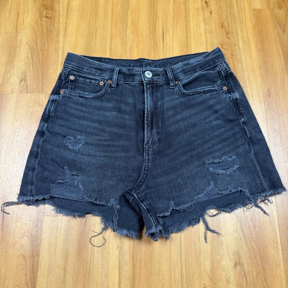 American‎ Eagle Womens Distressed Black Denim Shorts High Waisted Cut Off Size 4